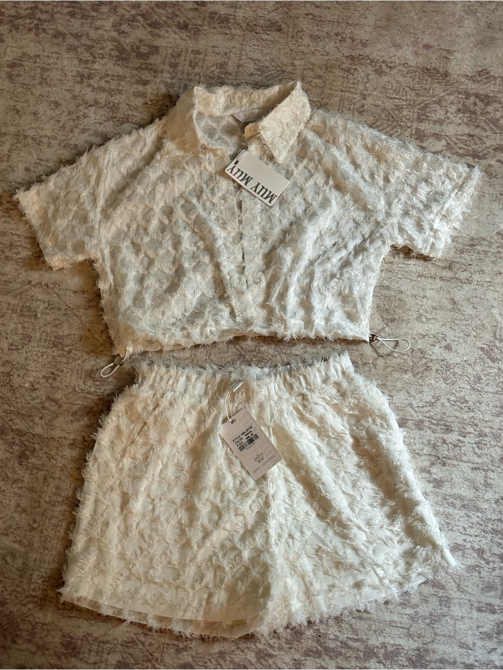 Cream Textured Short Set - Cropped Button Top & Elastic Shorts